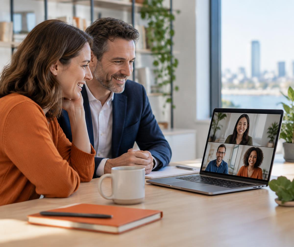 Illustrative image of two professionals on a video call with remote colleagues