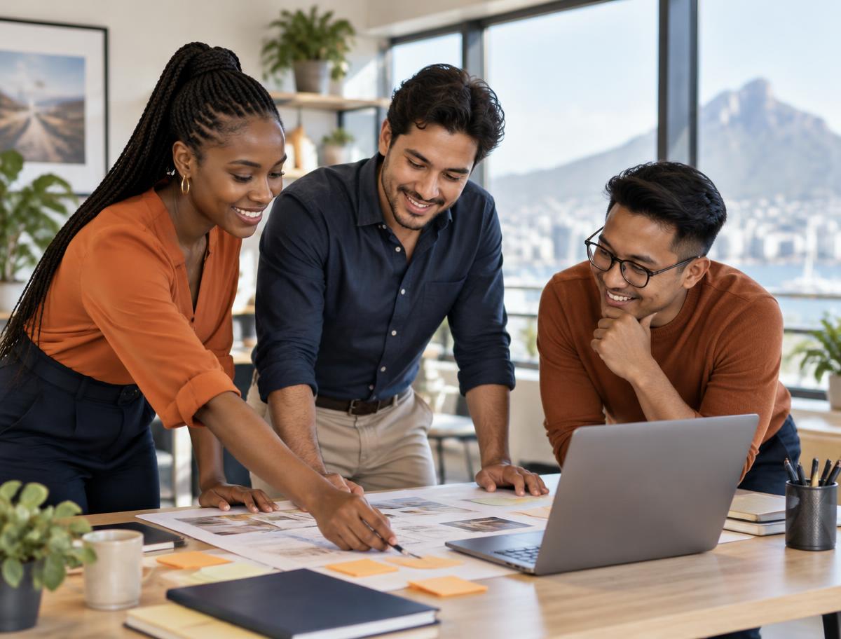 Illustrative image of three professionals reviewing plans together