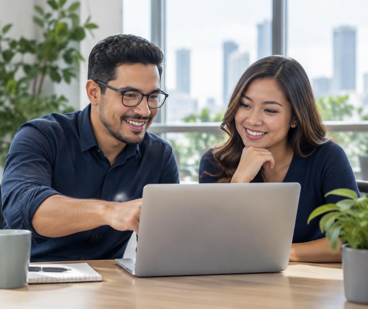 Illustrative workplace scene of two professionals collaborating at a laptop